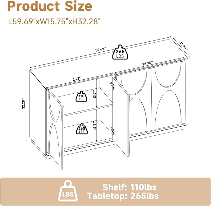 LKTART 59" Sideboard Buffet Cabinet Retro Accent Storage Cabinet with Magnetic Door Latches Adjustable Shelf for Living Room Kitchen(Natural)