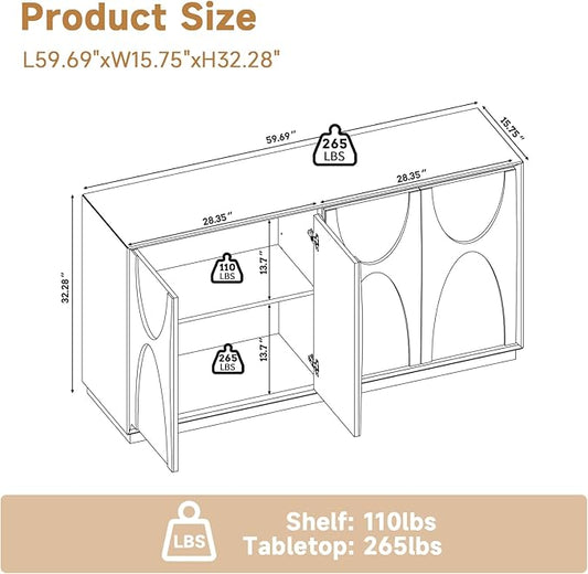 LKTART 59" Sideboard Buffet Cabinet Retro Accent Storage Cabinet with Magnetic Door Latches Adjustable Shelf for Living Room Kitchen(Natural)