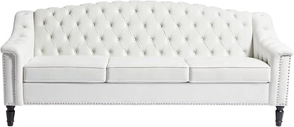 LEVNARY Mid-Century Modern Velvet Sofa, 80" Large Upholstered Sofa with High Back, Chesterfield Couch Sleeper Settee with Solid Wood Legs, Tufted 3 Seater Wide Couches for Living Room Office (White)