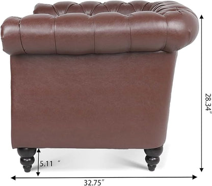 LEVNARY Leather Chesterfield Chair, Mid-Century Modern Single Sofa Chair, Tufted Upholstered Rolled Armchair for Home Bedroom Reading Room (Dark Brown)