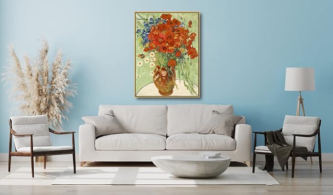 Wieco Art Large Framed Wall Art of Red Poppies and Daisies by Van Gogh Paintings Reproduction Abstract Canvas Prints for Home Living Room Decorations Bronze Gold Frame