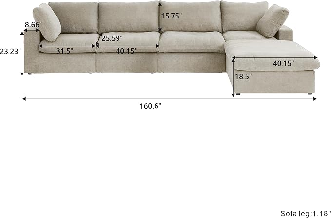 Cloud Couch Modular Sectional Sofa with Storage Ottoman,160.6" L Shaped Couch for Living Room,Down Filled 5 Seater Convertible Sectional Sofas,Covers Washable&Replaceable (Khaki)