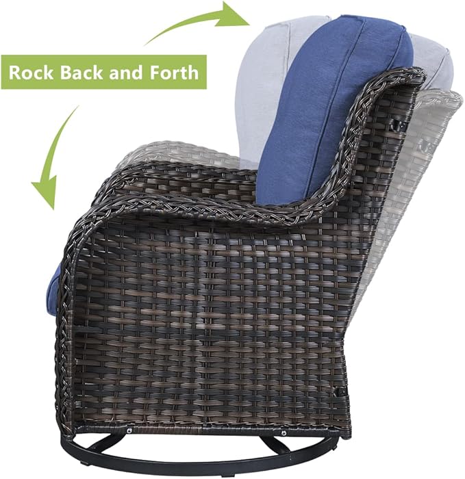 HUMMUH Outdoor Swivel Rocker Wicker Patio Chairs High Back PE Rattan Glider Chairs 4PCS Patio Furniture Set(Brown,Blue)