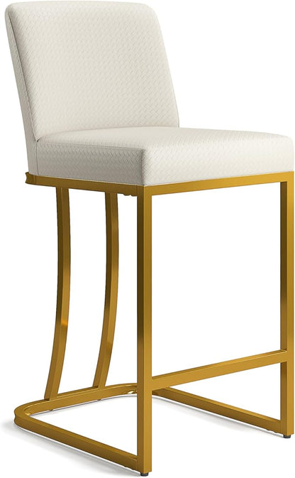MAISON ARTS Off White & Gold Counter Height Bar Stools with Back Set of 4 for Kitchen Counter 24 Inch Modern Upholstered Faux Leather Barstools Farmhouse Bar Chairs Luxury Island Stools Support 330LBS