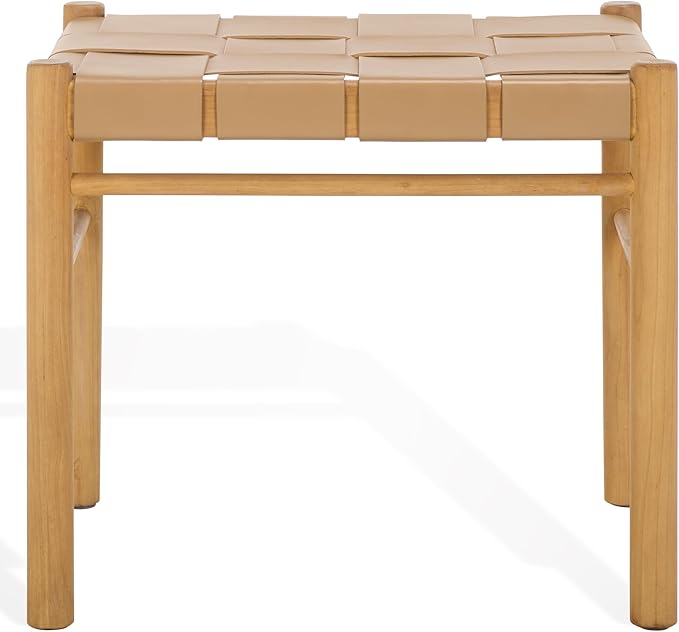 SAFAVIEH Couture Collection Devnie Tan Woven Leather & Natural Solid Wood Ottoman (Fully Assembled)