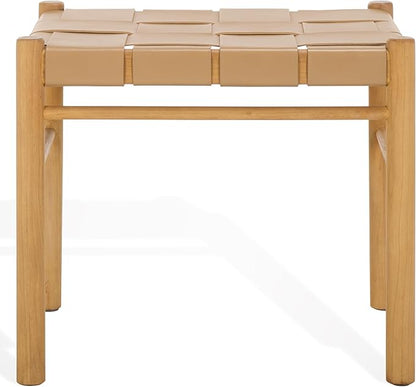 SAFAVIEH Couture Collection Devnie Tan Woven Leather & Natural Solid Wood Ottoman (Fully Assembled)