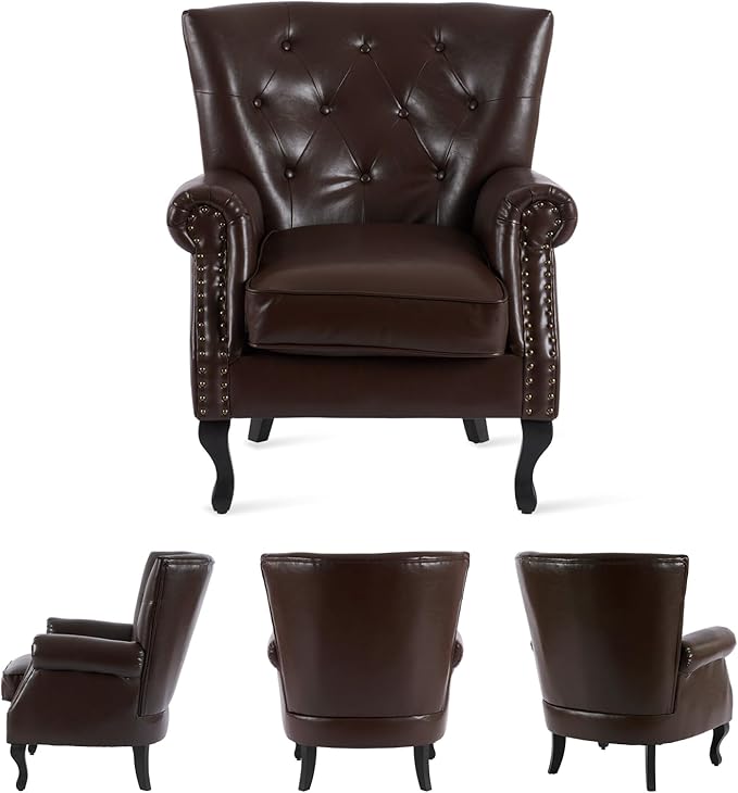MOJAY PU Leather Accent Chair Set of 2, Modern Armchair Living Room Chair, Upholstered Club Chair with Rivet Trim, Mid-Century Sofa Chair with Sturdy Wood Legs for Bedroom (Caramel)