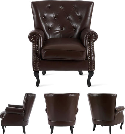MOJAY PU Leather Accent Chair Set of 2, Modern Armchair Living Room Chair, Upholstered Club Chair with Rivet Trim, Mid-Century Sofa Chair with Sturdy Wood Legs for Bedroom (Caramel)