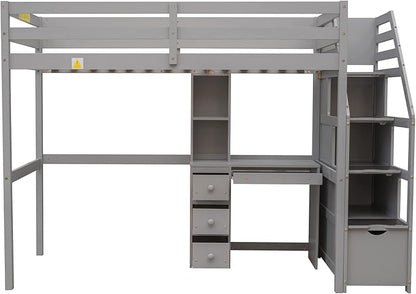 Twin Size Solid Wood Loft Bed with Storage Staircase and Desk, Bedroom Multifunctional Separable Bed Frame w/Shelves & Drawers,No Box Spring Needed,for Adult Kid Boy Girl,Gray