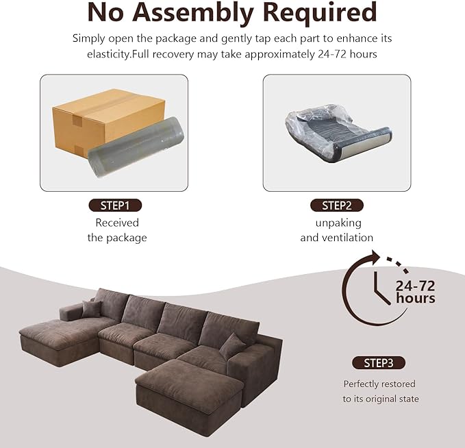 136.6'' U-Shaped Modern Modular Sectional Cloud Couch Whit Ottoman, 4-Seat Chenille Deep-Seat Sofa with Pillow for Living Room, Bedroom, Apartment, Camel