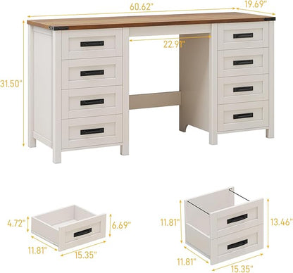 Vabches Farmhouse 60.6” Executive Desk with 7 Drawers, Computer Desk with File Drawer for Hanging Files A4, Workstation for Home Office, Study.