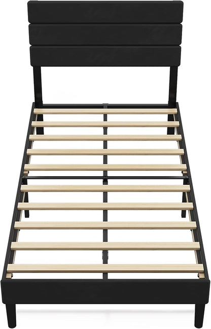 WLIVE Twin Size Upholstered Bed Frame, Velvet Square Tufted Headboard,Sturdy Metal & Wooden Slats Support, No Box Spring Needed, Black