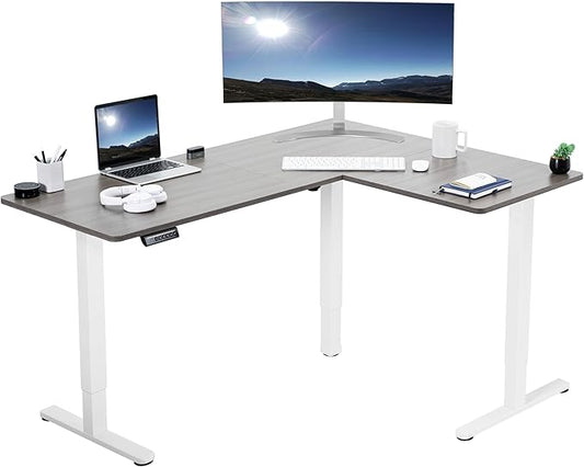 VIVO Corner Standing Desk, 63 x 47 inch Reversible L-Shaped Workstation, Electric Height Adjustment, Home, Office, and Reception Rooms, Dark Gray Table Top White Frame, DESK-E3CTWG-47
