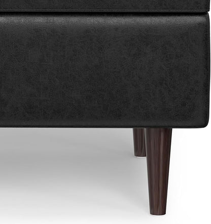 SIMPLIHOME Shay 34 inch Wide Mid Century Modern Small Rectangle Coffee Table Storage Ottoman in Distressed Black Vegan Faux Leather, Assembled, for The Living Room, Entryway and Family Room