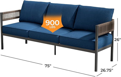 Gand Patio Outdoor 3-Seat Couch Sofa, Wicker Conversation Set with Thick Cushion for Porch, Garden, Yard, Peacock Blue