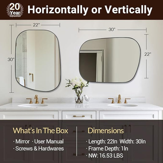 ANDY STAR 22"x30" Black Bathroom Mirror, Irregular Wall Mirror in Stainless Steel Metal Frame, Modern Matte Black Finish with Curved Edge Design, Wall-Mount Vertically or Horizontally