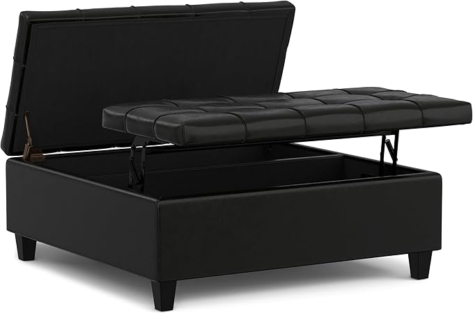 SIMPLIHOME Harrison Large Coffee Table Storage Ottoman - 40 inch Wide Upholstered Vegan Leather Square Lift-Top Ottoman in Midnight Black, Transitional Bench for Living Room with Sturdy Base