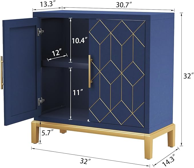 HLR Accent Cabinet with Gold Trim Set of 2,Storage Cabinet with 2 Doors,Modern Wooden Sideboard for Living Room, Kitchen, Office and Hallway(Blue)