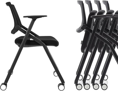 10 Pack Stackable Conference Room Chairs with Wheels and Paddle, Ergonomic Mesh Back and Arms for Meeting, Conference, Reception, Training Room & Home Office Desk Folding Chairs, Black