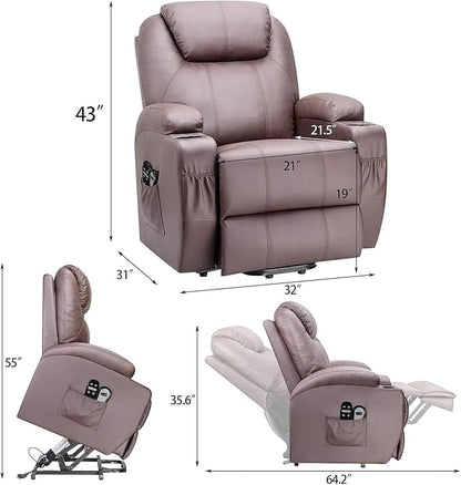 Flamaker Power Lift Recliner Chair Electric Lift Recliner for Elderly Power Lift Recliner Chair with Cup Holders Side Pockets for Living Room (Leather, Brown)