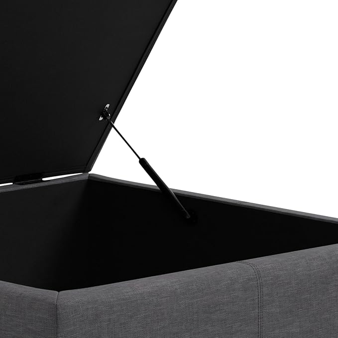 SIMPLIHOME Gabbie 36 inch Wide Contemporary Square Square Coffee Table Storage Ottoman in Slate Grey Polyester Linen, Assembled, for The Living Room, Entryway and Family Room