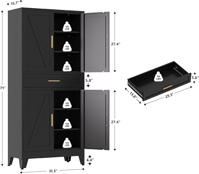 Large Metal Kitchen Pantry Cabinet with Adjustable Shelves - Freestanding Kitchen Storage Cabinet for Dining Room,Livingroom Bathroom, Hallway, Workshop, Office (Black, 71"-1 Drawer)
