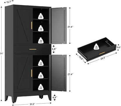 Large Metal Kitchen Pantry Cabinet with Adjustable Shelves - Freestanding Kitchen Storage Cabinet for Dining Room,Livingroom Bathroom, Hallway, Workshop, Office (Black, 71"-1 Drawer)