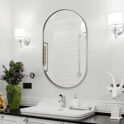ANDY STAR Chrome Oval Mirror 26x38’’ Pill-Shaped Mirror Chrome Metal Framed for Bathroom Vanity in 1 Inch Stainless Steel Meatl Frame Anti-Rust Wall-Mounted Vertically/Horizontally