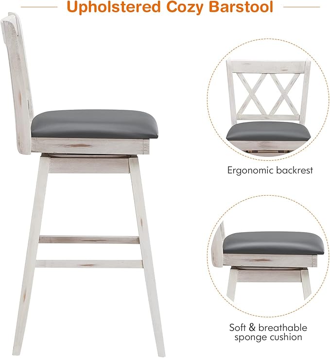 COSTWAY Bar Stool Set of 4, 360 ° Swivel Bar Height 29.5 inch Bar Stool with Foot Rest Upholstered Cushion & Ergonomic Backrest, Sturdy Frame, for Pub, Restaurant, Home (4, Antique White + Grey)