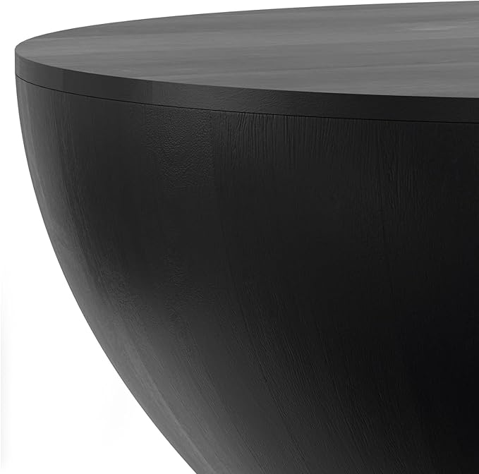 SIMPLIHOME Elmbrook Coffee Table - 34 inch Wide Solid Mango Wood Modern Industrial Round Drum Cocktail Table in Black, Sculptural Living Room Table with Low Profile Design, Assembled