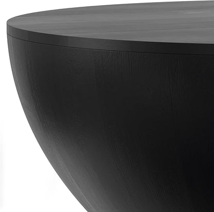 SIMPLIHOME Elmbrook Coffee Table - 34 inch Wide Solid Mango Wood Modern Industrial Round Drum Cocktail Table in Black, Sculptural Living Room Table with Low Profile Design, Assembled