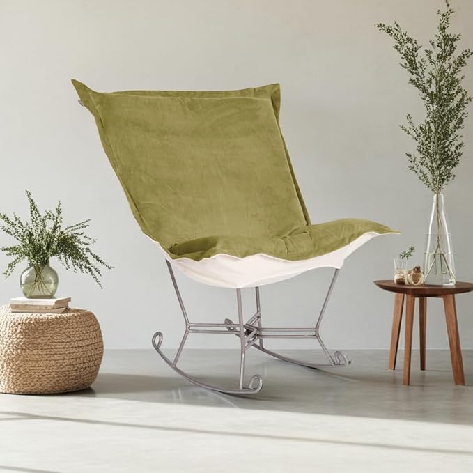 Howard Elliott Scroll Puff Rocker Seating Chair With Cover, Multipurpose Alternate Seating Butterfly Chair with Titanium Frame, Patio Furniture for Camping, Home, Indoor & Outdoor, Bella Moss