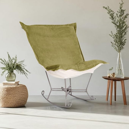 Howard Elliott Scroll Puff Rocker Seating Chair With Cover, Multipurpose Alternate Seating Butterfly Chair with Titanium Frame, Patio Furniture for Camping, Home, Indoor & Outdoor, Bella Moss