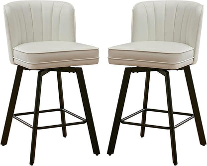 Swivel Counter Height Bar Stools Set of 2, 26'' Modern Barstools with Backs and Metal Legs, Upholstered Bar Chairs, Faux Leather White Stools for Kitchen Island Chairs