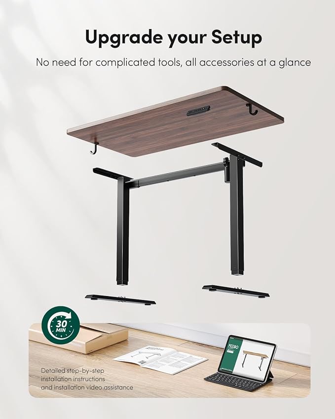 FEZIBO One-Piece Standing Desk Adjustable Height Stand up Home Office Desk, 55x24 Inch Electric Standing Computer Desk, with 4 Memory Presets, Headphone Hook, Black Walnut