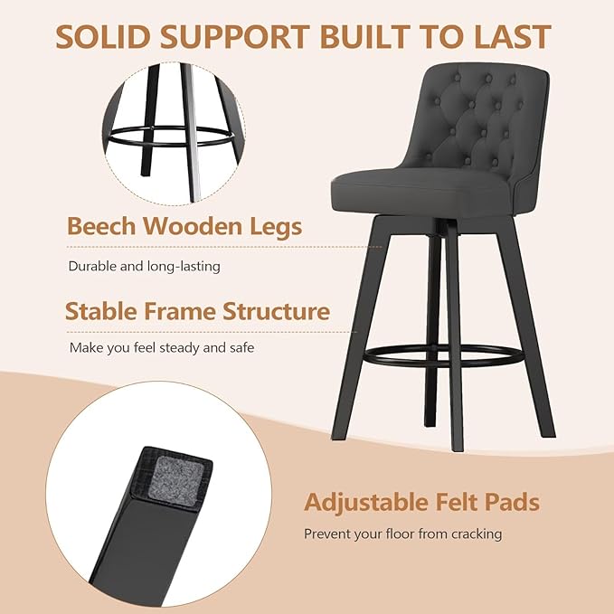 MINCETA Bar Stool, PU Leather Barstool, 30 Inch Upholstered Counter Stool with Low Tufted Back and Footrest, Swivel Counter Height Barstool for Kitchen Island Home Bar Dark Gray