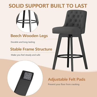 MINCETA Bar Stool, PU Leather Barstool, 30 Inch Upholstered Counter Stool with Low Tufted Back and Footrest, Swivel Counter Height Barstool for Kitchen Island Home Bar Dark Gray