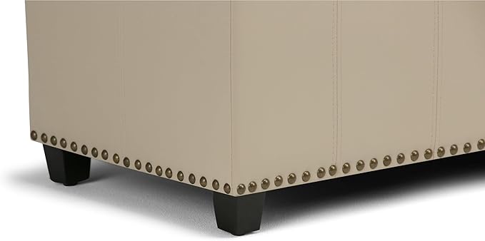 SIMPLIHOME Amelia 33 inch Wide Transitional Rectangle Storage Ottoman Bench in Satin Cream Vegan Faux Leather, Assembled, For the Living Room, Entryway and Family Room