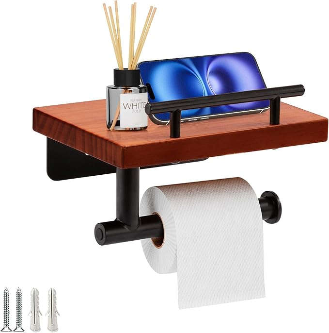 Toilet Paper Holder with Wood Shelf, Wall Mount Toilet Paper Roll Holder with Wooden Shelf and Matte Black Stainless Steel Pipe, Tissue Roll Holder for Bathroom Washroom (Dark Brown, 7.9'' x 5.9'')