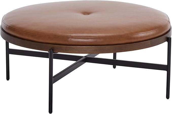 Christopher Knight Home Neapo Round Ottoman, Cocktail Ottoman, Upholstery Coffee Table, X Shape Legs, Comfortable Footstool, Durable Metal Frame, Spacious Seating for Living Room Entryway, Brown+Black