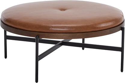 Christopher Knight Home Neapo Round Ottoman, Cocktail Ottoman, Upholstery Coffee Table, X Shape Legs, Comfortable Footstool, Durable Metal Frame, Spacious Seating for Living Room Entryway, Brown+Black