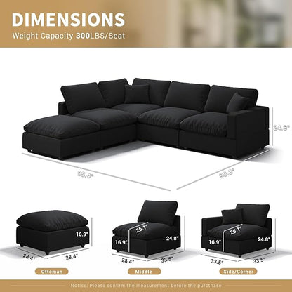 Modern Sectional Linen Couch for Living Room V-Shape Sofas,5 Seat Modular Cloud Sofas,Couches Cushion Covers Removable,Cozy Feather Down Sofa for Apartment Black