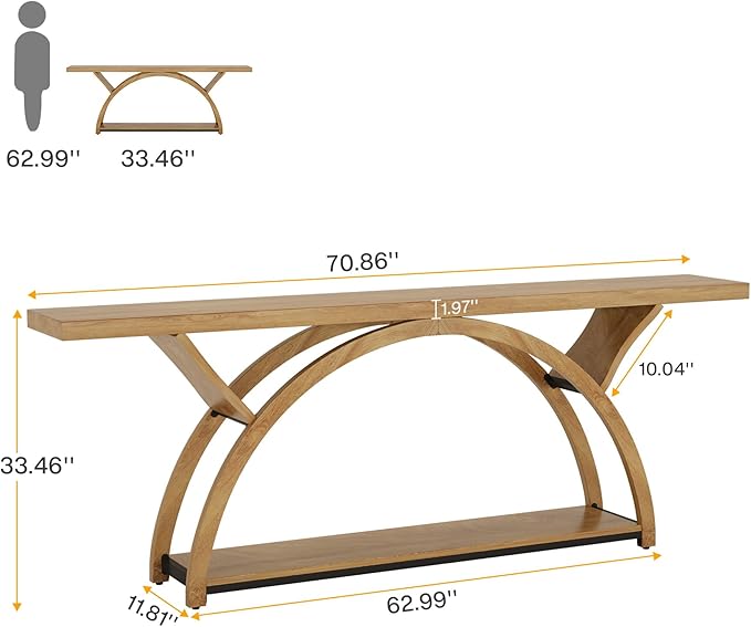 Tribesigns 70.87" Console Table with Storage Shelf, Narrow Long Sofa Table Behind Couch Table, 2-Tier Rustic Entryway Table with Half Moon Frame for Hallway Living Room, Gray & Black (Light Brown)