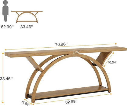 Tribesigns 70.87" Console Table with Storage Shelf, Narrow Long Sofa Table Behind Couch Table, 2-Tier Rustic Entryway Table with Half Moon Frame for Hallway Living Room, Gray & Black (Light Brown)