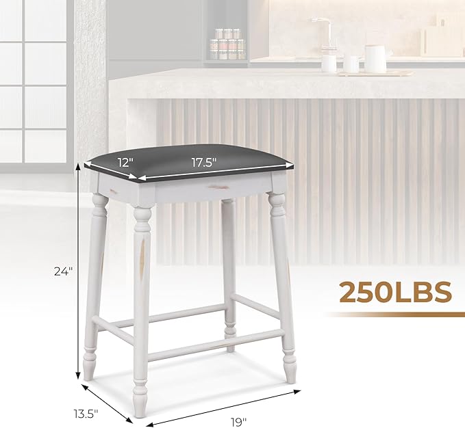 COSTWAY Upholstered Bar Stools Set of 4, 24-Inch Backless Counter Height Dining Stools with Delicate Wood Carving, Footrest, Solid Rubber Wood Frame, Farmhouse BarStools for Kitchen Island Bar, White