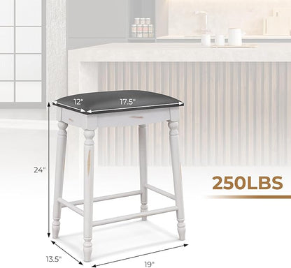COSTWAY Upholstered Bar Stools Set of 4, 24-Inch Backless Counter Height Dining Stools with Delicate Wood Carving, Footrest, Solid Rubber Wood Frame, Farmhouse BarStools for Kitchen Island Bar, White