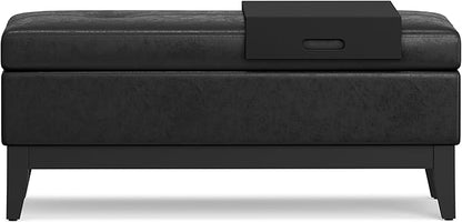 SIMPLIHOME Oregon 42 inch Wide Transitional Rectangle Storage Ottoman Bench with Tray in Distressed Black Vegan Faux Leather, Assembled, For the Living Room, Entryway and Family Room