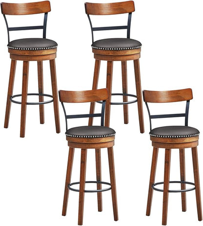 COSTWAY Bar Stools Set of 4, 360-Degree Swivel Stools with Leather Padded Seat, Single Slat Ladder Back & Solid Rubber Wood Legs, Bar Height Stools for Pub, Restaurant, Kitchen, Brown (4, 30.5)