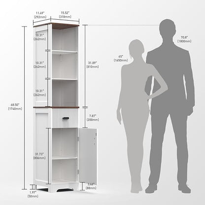 Tall Modern Bathroom Cabinet, 68.5" H Storage Cabinet with Fluted Wave Door, Drawer, Adjustable Shelves, Narrow Cabinet for Kitchen, Living Room, Entryway, White