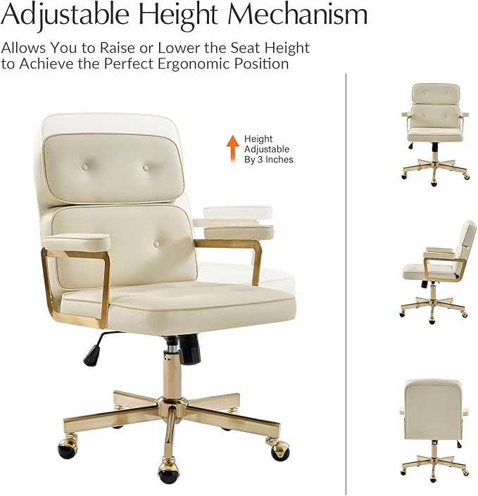 HULALA HOME Faux Leather Office Desk Chair with Golden Metal Legs, Comfy Upholstered Computer Chair with Tufted Backrest & Thick-Cushion Padded Armrest, Height Adjustable and 360°Swivel, Ivory